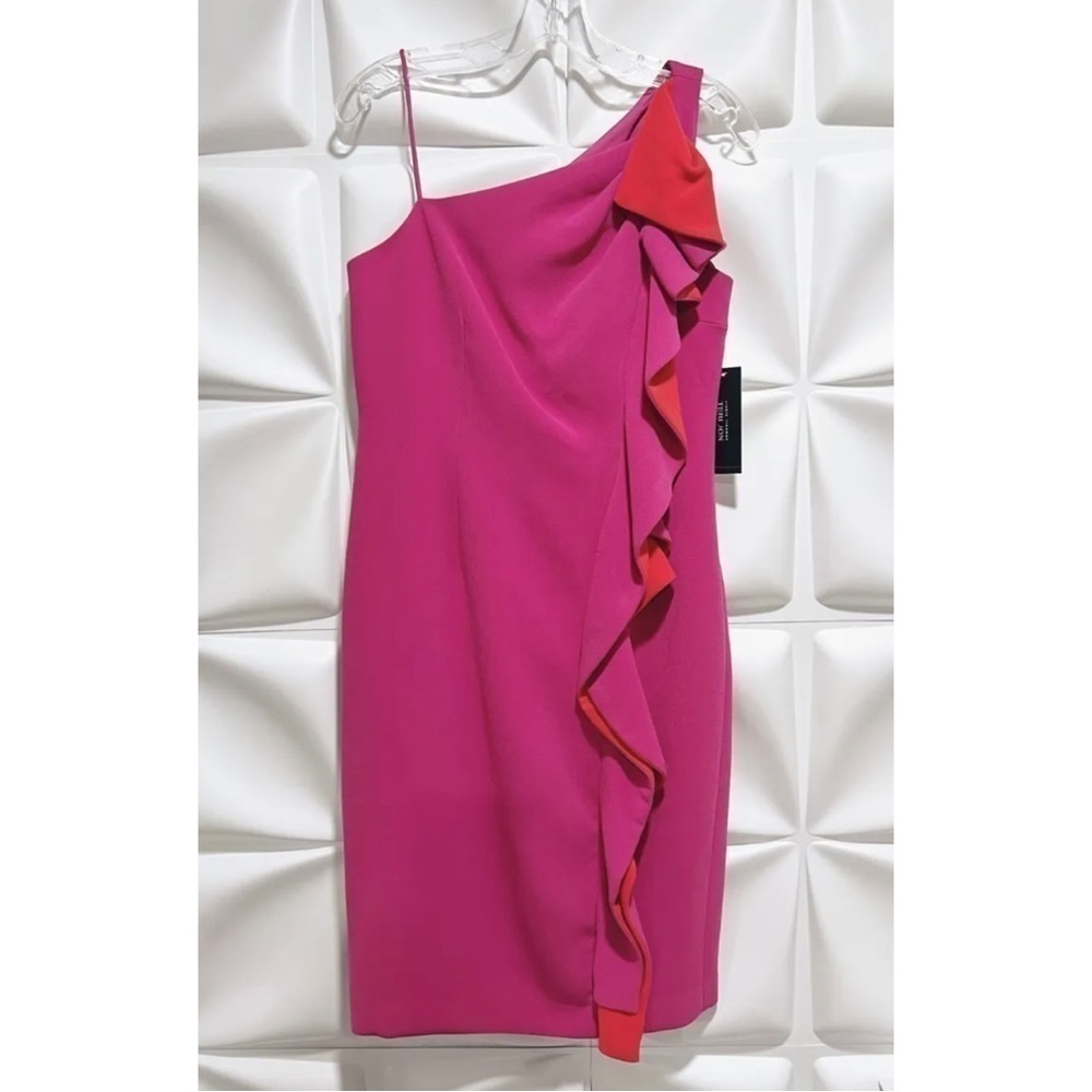 $438 NWT Teri Jon Rickie Freeman Sz 6 Fuchsia Ruffled Front Sheath Dress Formal